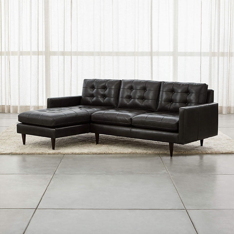 Crate & Barrel Petrie Midcentury Modern Black Leather Sectional