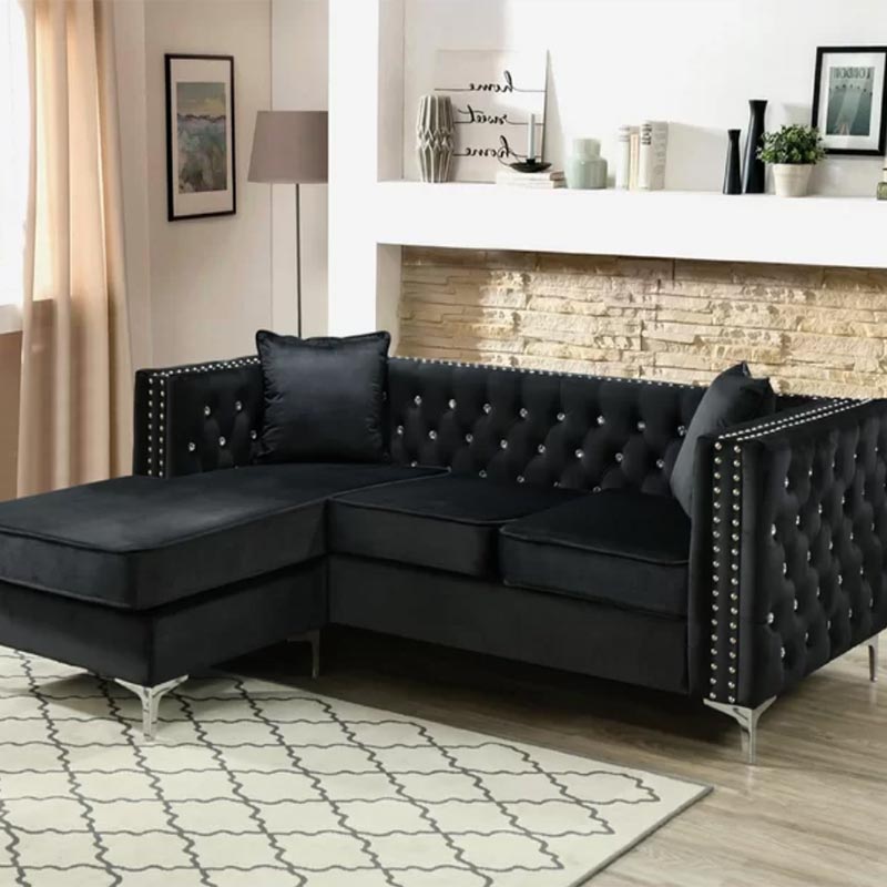 Everly Quinn Cannella Tufted Black Velvet Sectional Couch