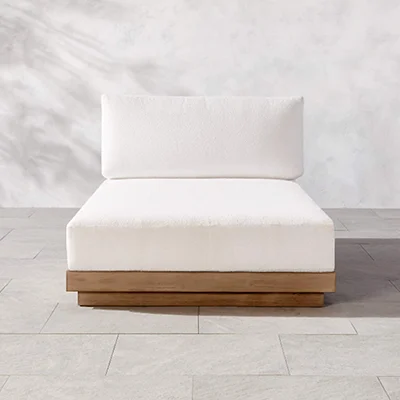 Jannis Ellenberger x CB2 Riposo Teak Wood Outdoor Chaise with Boucle Sunbrella Cushions Jannis Ellenberger x CB2 Riposo Teak Wood Outdoor Chaise with Boucle Sunbrella Cushions