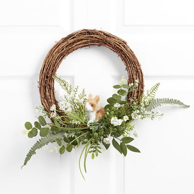 Faux Fur Bunny And Spring Greenery Wreath