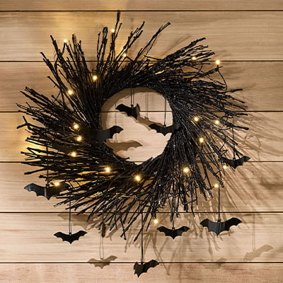 Pottery Barn Pre-Lit Black Glitter Branch Wreath And Garland With Bats